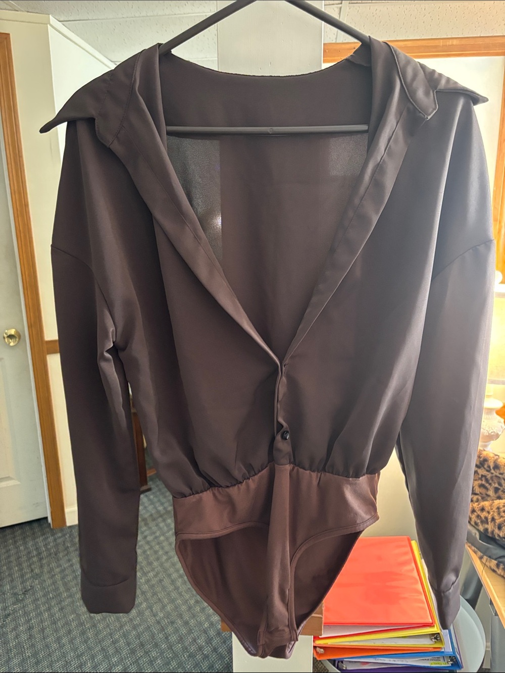 Women's Brown Long-Sleeve V-Neck Bodysuit